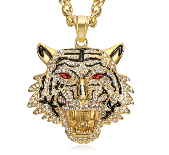 1073 Tiger Head Rhinestone Pendant – Gold-Plated Stainless Steel – Red Eyes