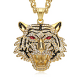 1073 Tiger Head Rhinestone Pendant – Gold-Plated Stainless Steel – Red Eyes