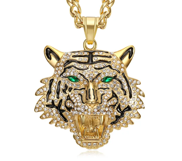1074 Tiger Head Rhinestone Pendant – Gold-Plated Stainless Steel – Green Eyes
