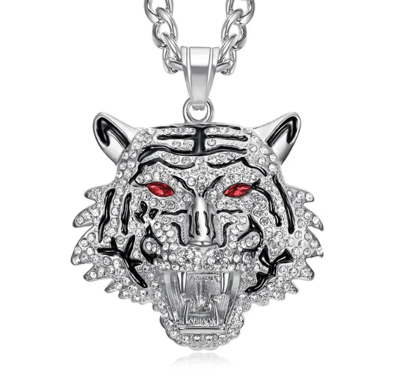 1075 Tiger Head Rhinestone Pendant – Stainless Steel – Red Eyes