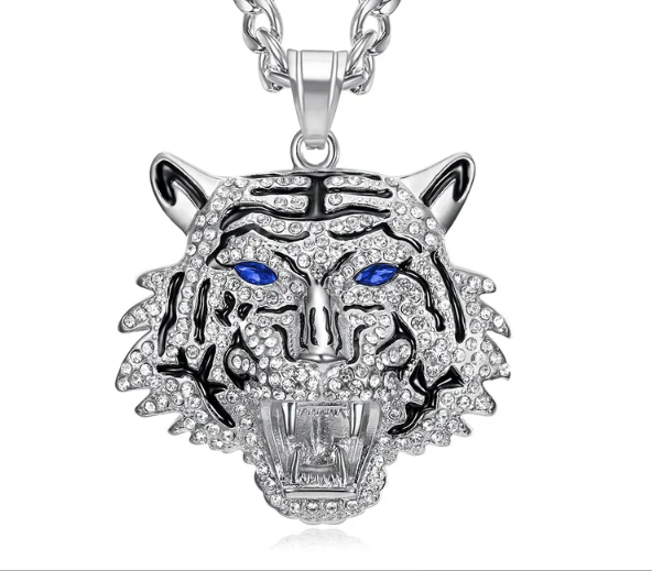 1076 Tiger Head Rhinestone Pendant – Stainless Steel – Blue Eyes