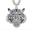 1076 Tiger Head Rhinestone Pendant – Stainless Steel – Blue Eyes
