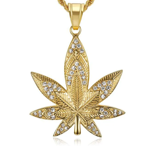 1080 Iced Leaf Rhinestone Pendant – Gold-Plated Stainless Steel