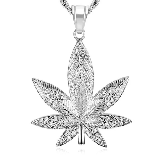 1081 Iced Leaf Rhinestone Pendant – Silver-Plated Stainless Steel