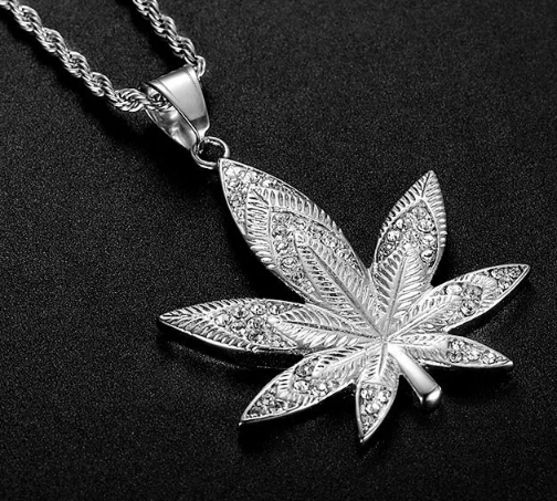 1081 Iced Leaf Rhinestone Pendant – Silver-Plated Stainless Steel