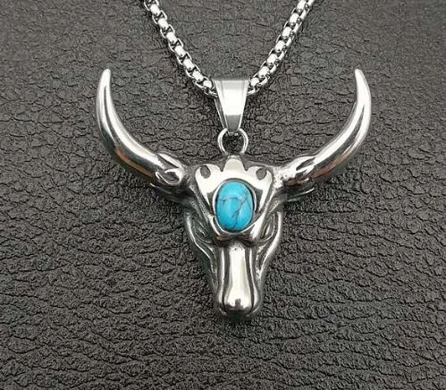 1084 Bull Head Natural Turquoise Unisex Pendant – Stainless Steel