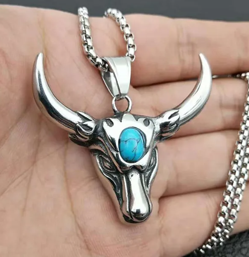 1084 Bull Head Natural Turquoise Unisex Pendant – Stainless Steel