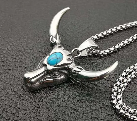 1084 Bull Head Natural Turquoise Unisex Pendant – Stainless Steel