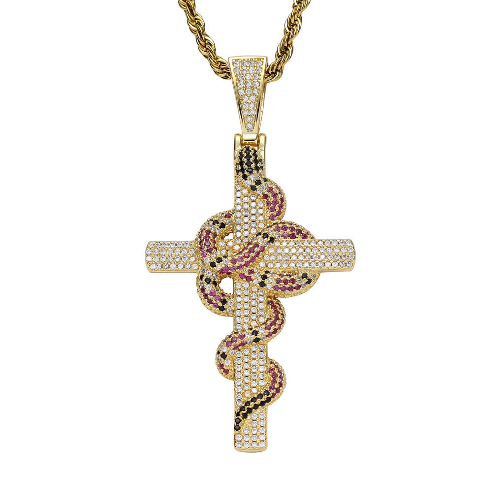 1095 Red Snake Cross CZ Pendant – Gold-Plated Brass