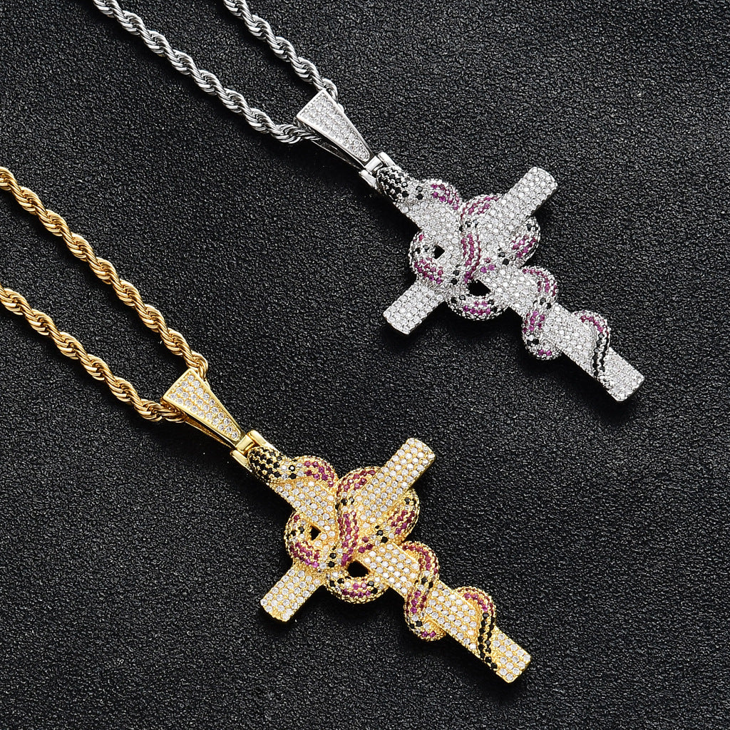 1096 Pink Snake Cross CZ Pendant – Silver-Plated Brass