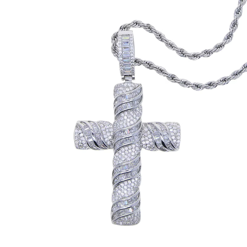 1114 |O| Silver-Plated Brass Iced Out CZ Twisted Cross Pendant