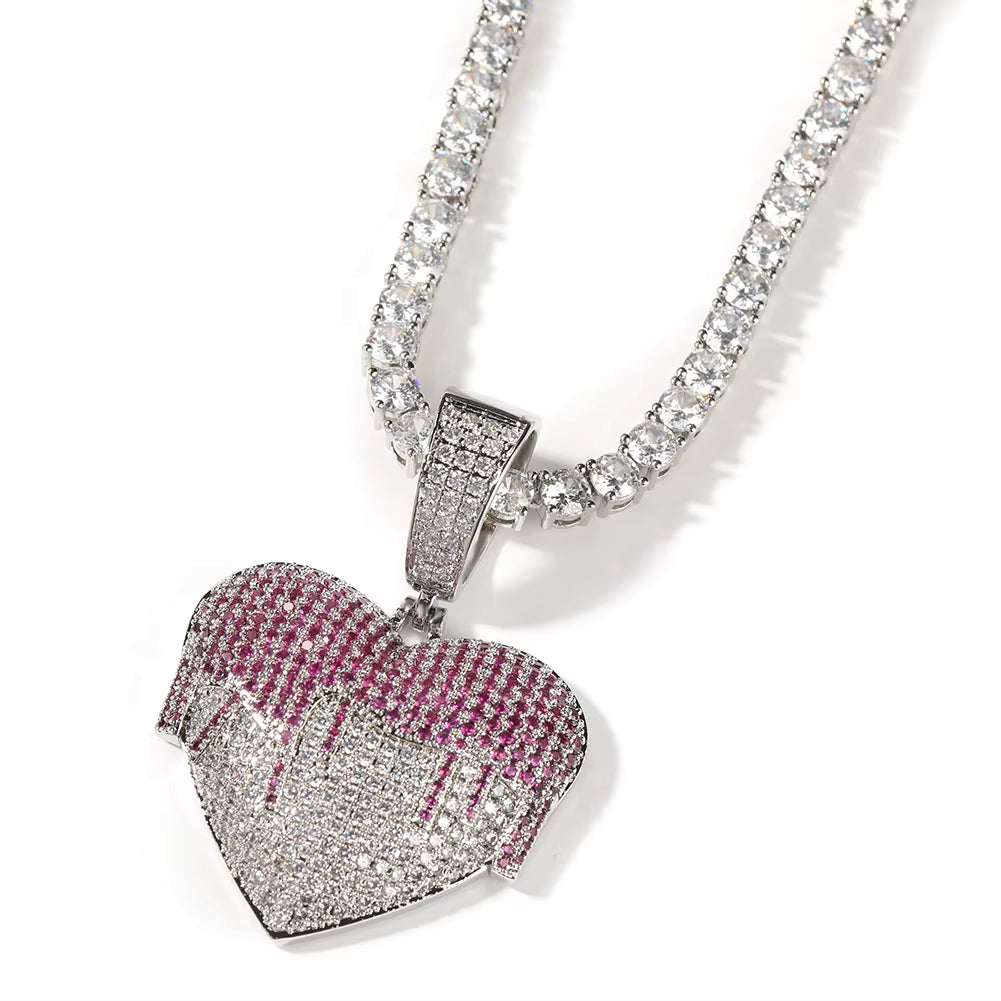 1127 Silver Brass Iced Out CZ Dripping Heart Pendant