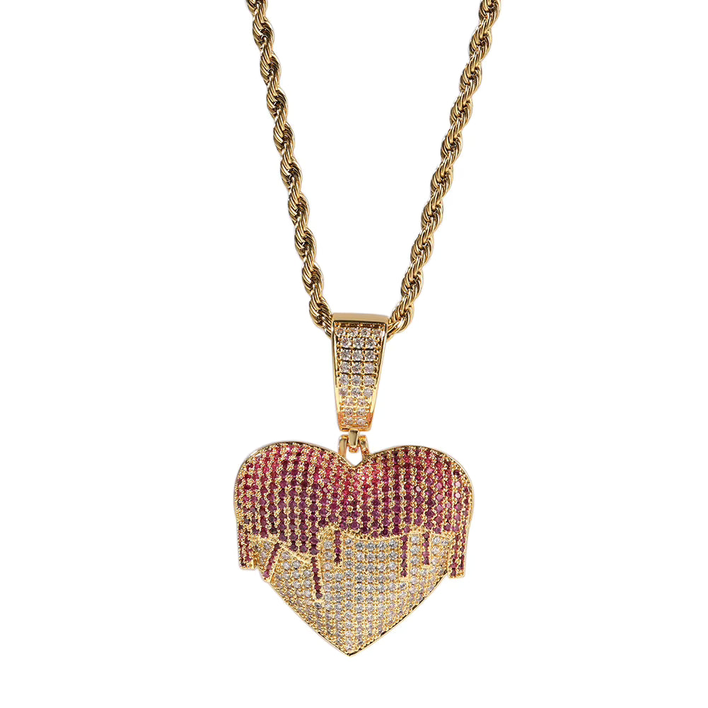 1128 18K Gold-Plated Brass Iced Out CZ Dripping Heart Pendant