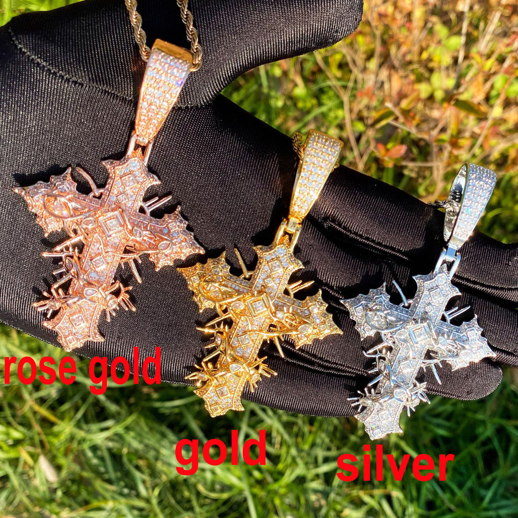 1137 |O| Brass Iced Out CZ Thorn Cross Pendant | Rose Gold-Plated, Gold-Plated or Silver-Plated