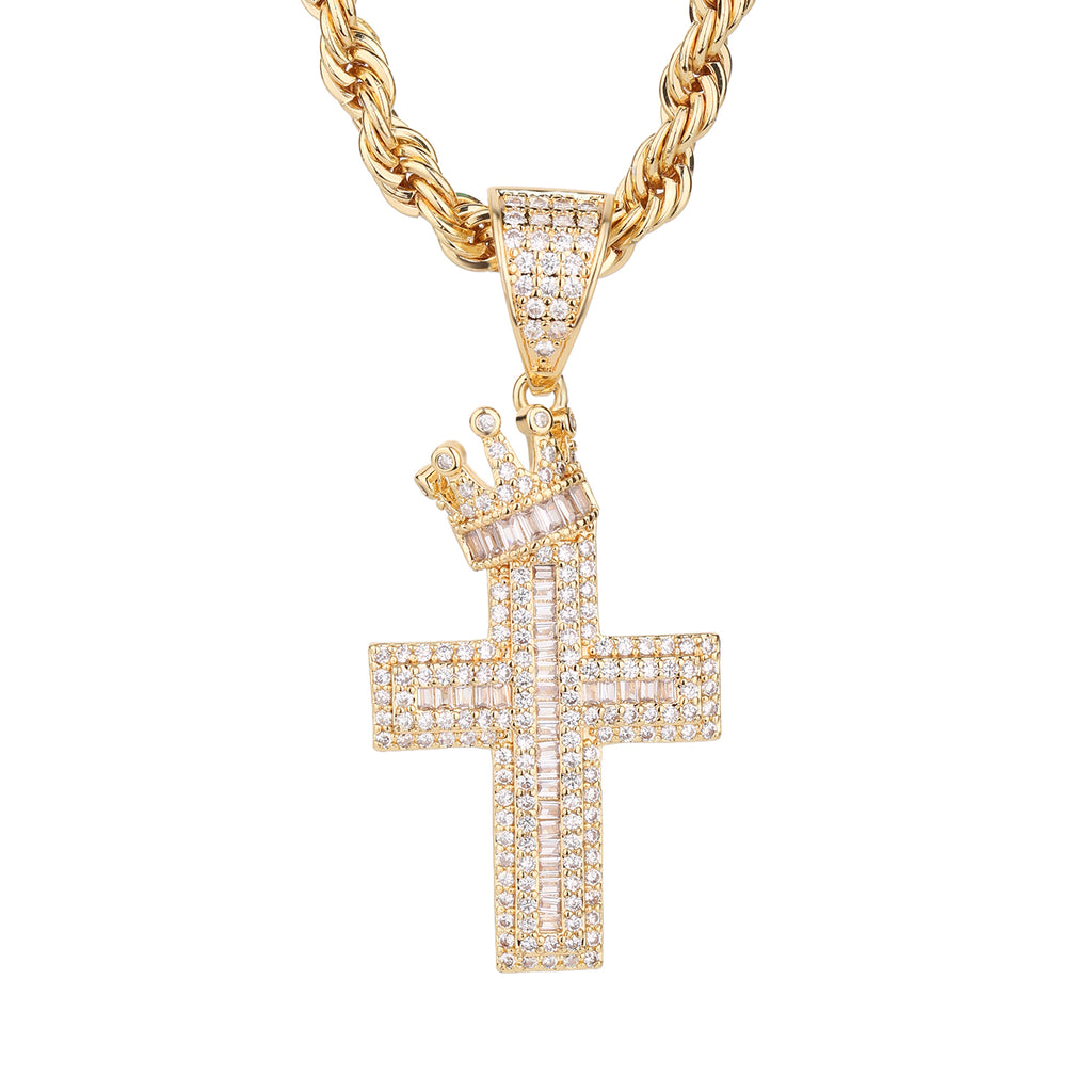 1152 |O| Copper Iced Out CZ Crown Cross Pendant | 14K Gold-Plated