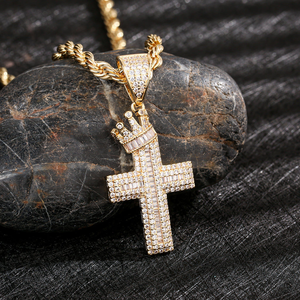 1152 |O| Copper Iced Out CZ Crown Cross Pendant | 14K Gold-Plated