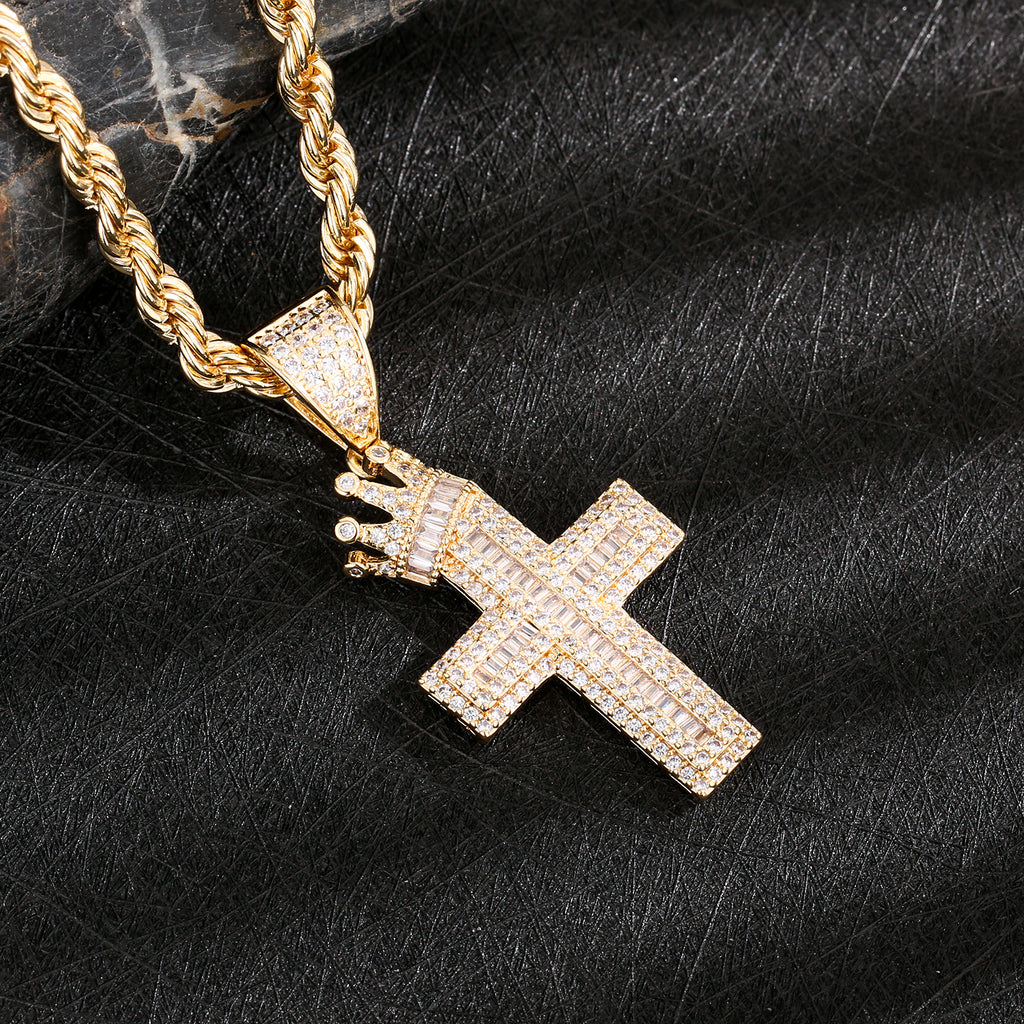 1152 |O| Copper Iced Out CZ Crown Cross Pendant | 14K Gold-Plated