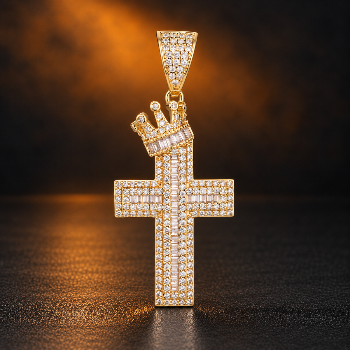 1152 |O| Copper Iced Out CZ Crown Cross Pendant | 14K Gold-Plated