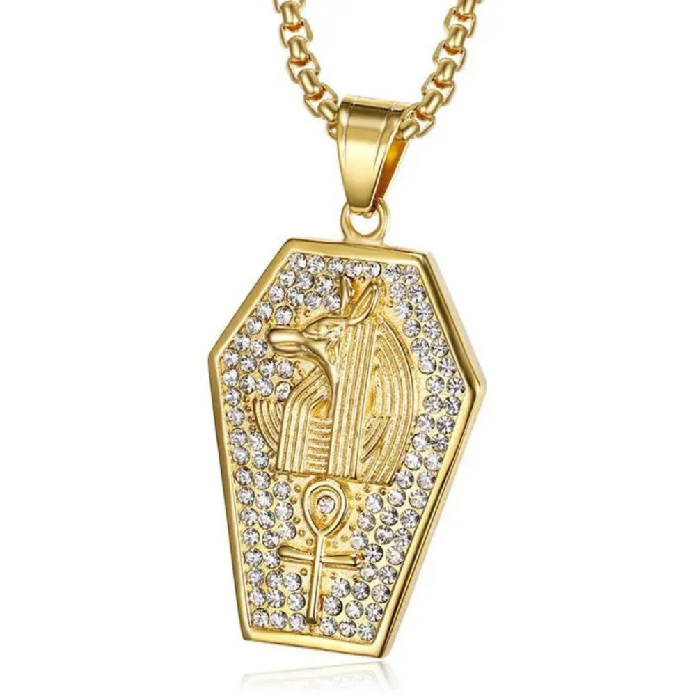 1154 |O| Gold-Plated Stainless Steel Iced Out Ancient Egyptian Anubis & Ankh Tag Pendant