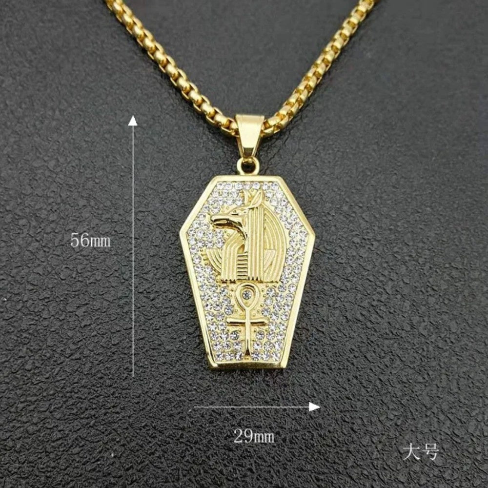 1154 |O| Gold-Plated Stainless Steel Iced Out Ancient Egyptian Anubis & Ankh Tag Pendant