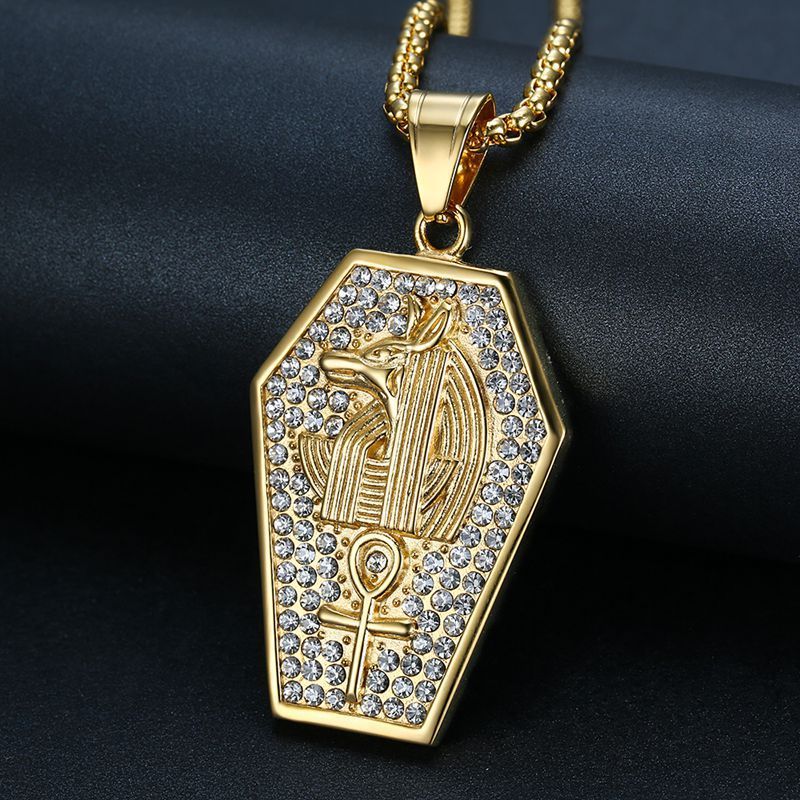 1154 |O| Gold-Plated Stainless Steel Iced Out Ancient Egyptian Anubis & Ankh Tag Pendant