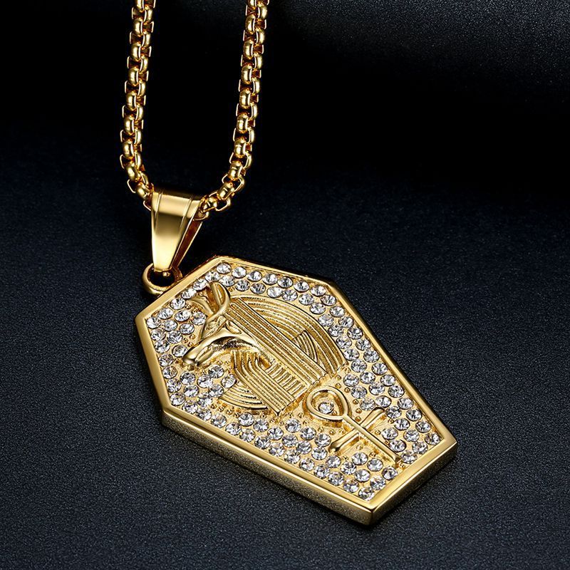 1154 |O| Gold-Plated Stainless Steel Iced Out Ancient Egyptian Anubis & Ankh Tag Pendant