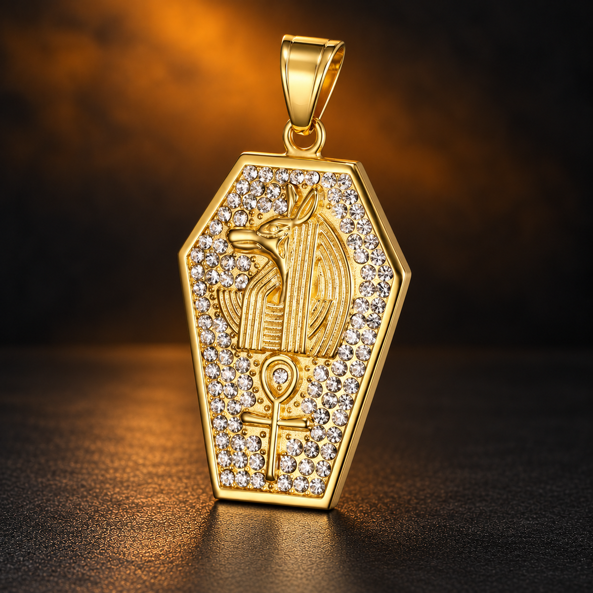 1154 |O| Gold-Plated Stainless Steel Iced Out Ancient Egyptian Anubis & Ankh Tag Pendant