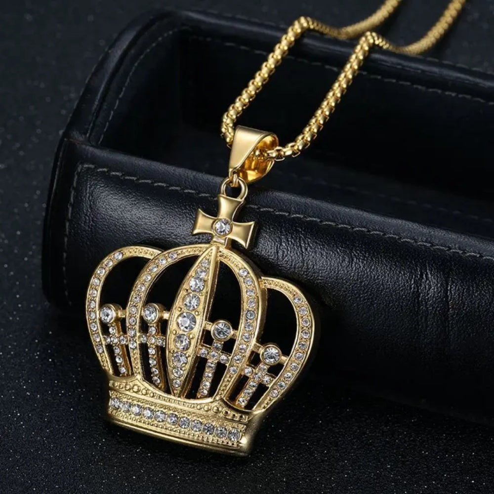 1155 |O| Gold-Plated Stainless Steel Iced Out Crown Pendant