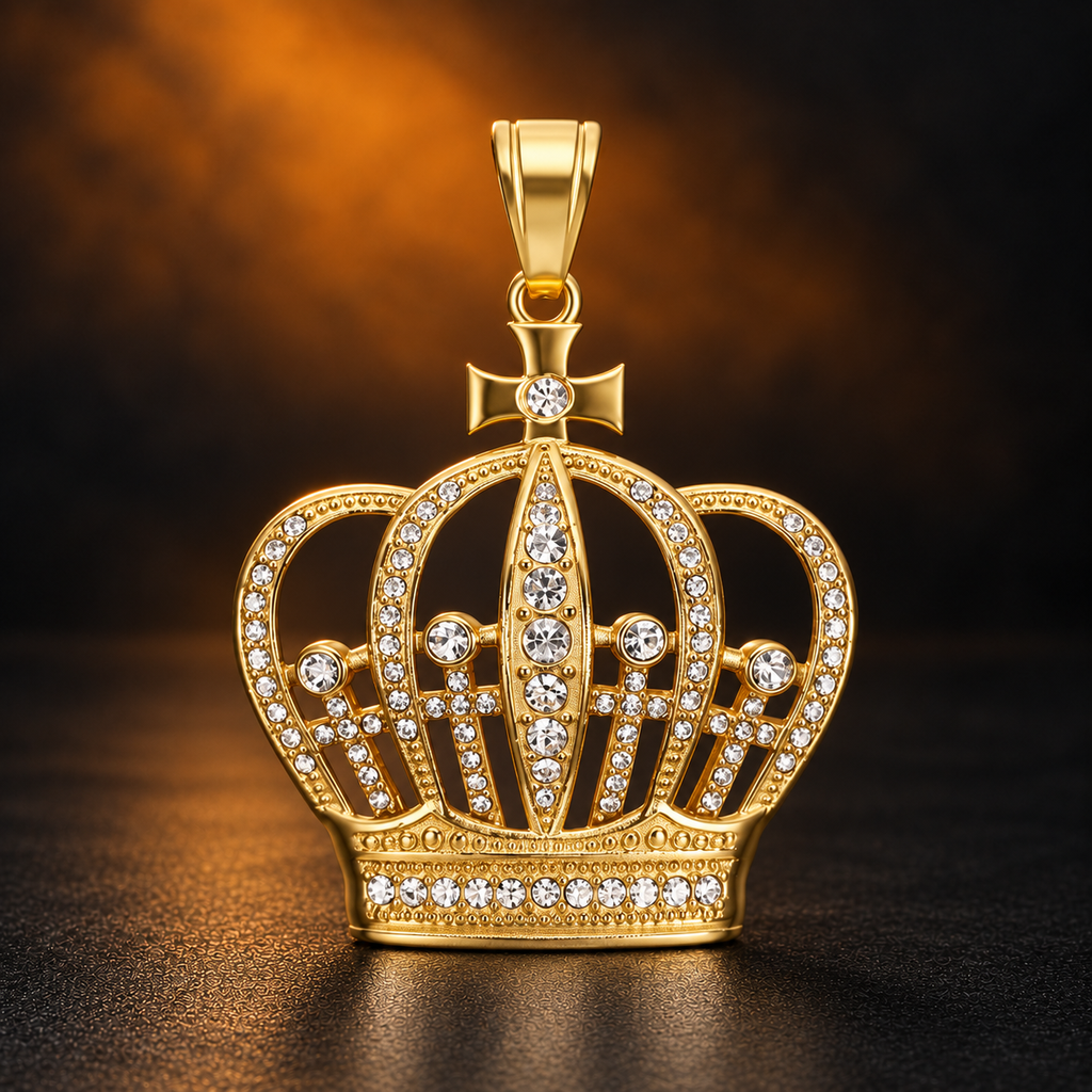 1155 |O| Gold-Plated Stainless Steel Iced Out Crown Pendant