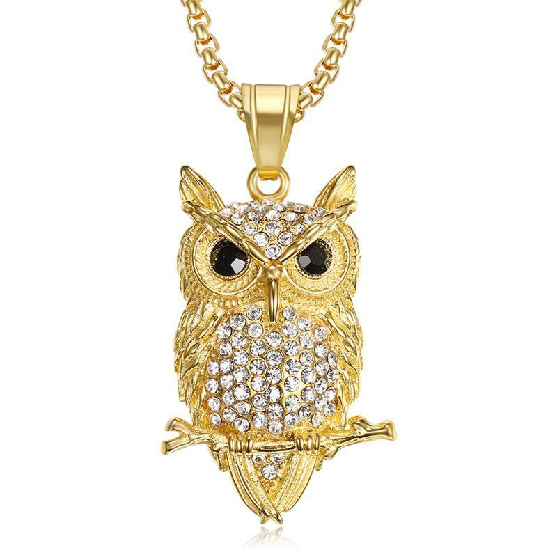 1156 |O| Gold-Plated Stainless Steel Iced Out Owl Branch Pendant