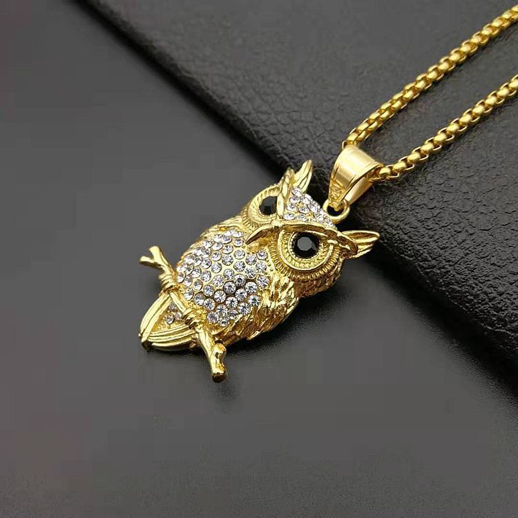 1156 |O| Gold-Plated Stainless Steel Iced Out Owl Branch Pendant