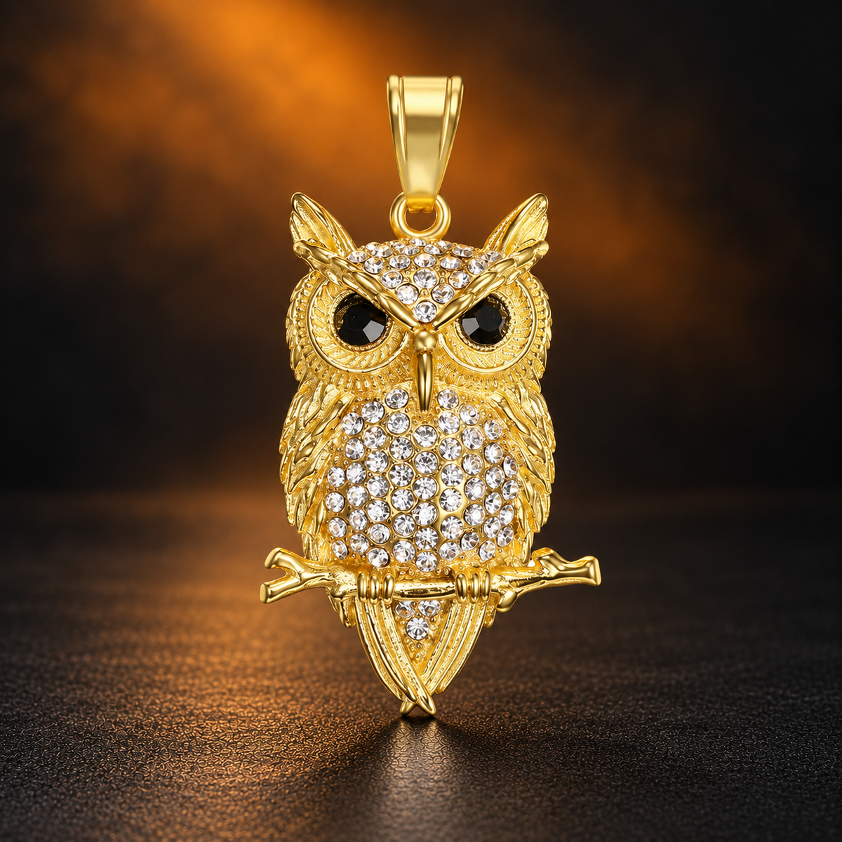 1156 |O| Gold-Plated Stainless Steel Iced Out Owl Branch Pendant