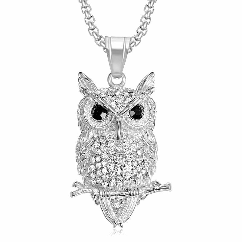 1157 |O| Stainless Steel Iced Out Owl Branch Pendant | Silver-Tone