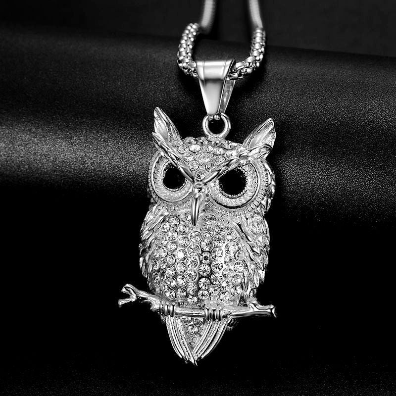 1157 |O| Stainless Steel Iced Out Owl Branch Pendant | Silver-Tone