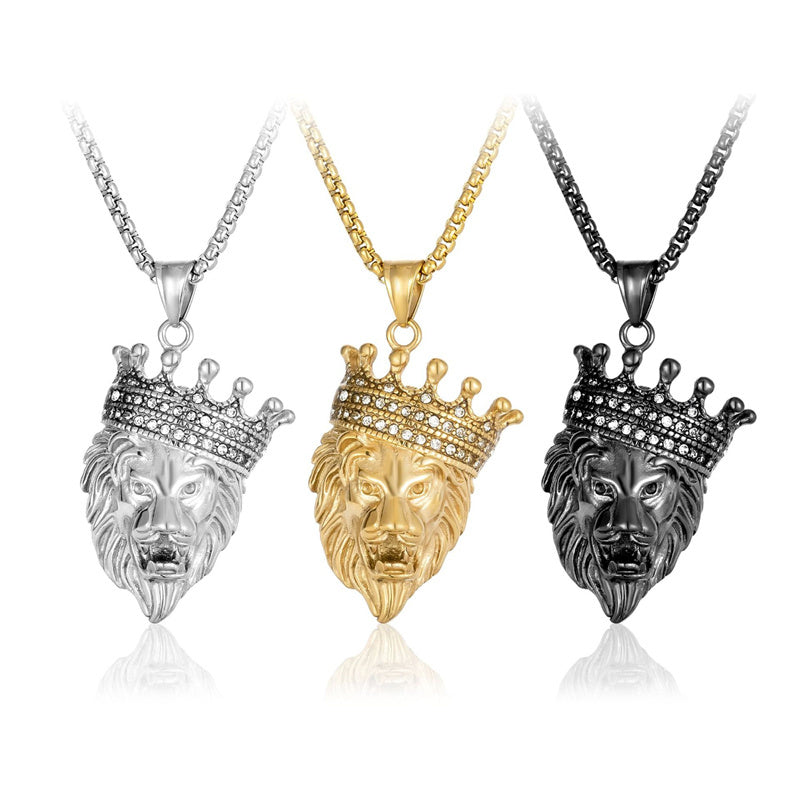 1159 |O| Gold-Plated Stainless Steel Rhinestone Crown Lion Head Pendant