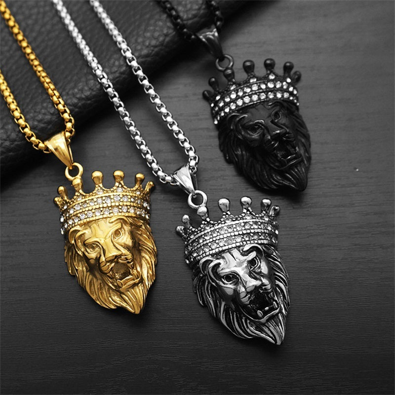 1159 |O| Gold-Plated Stainless Steel Rhinestone Crown Lion Head Pendant