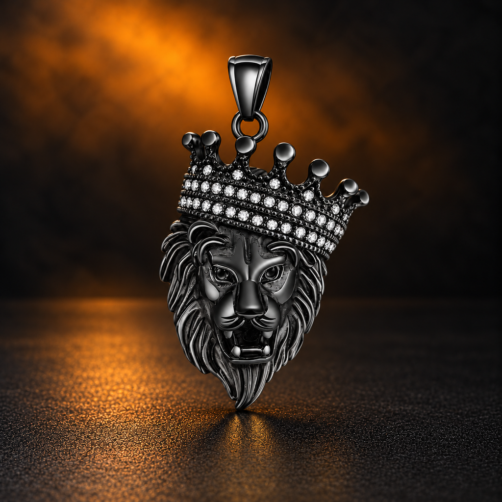 1158 |O| Black Plated Stainless Steel Rhinestone Crown Lion Head Pendant