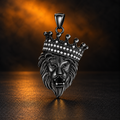 1158 |O| Black Plated Stainless Steel Rhinestone Crown Lion Head Pendant