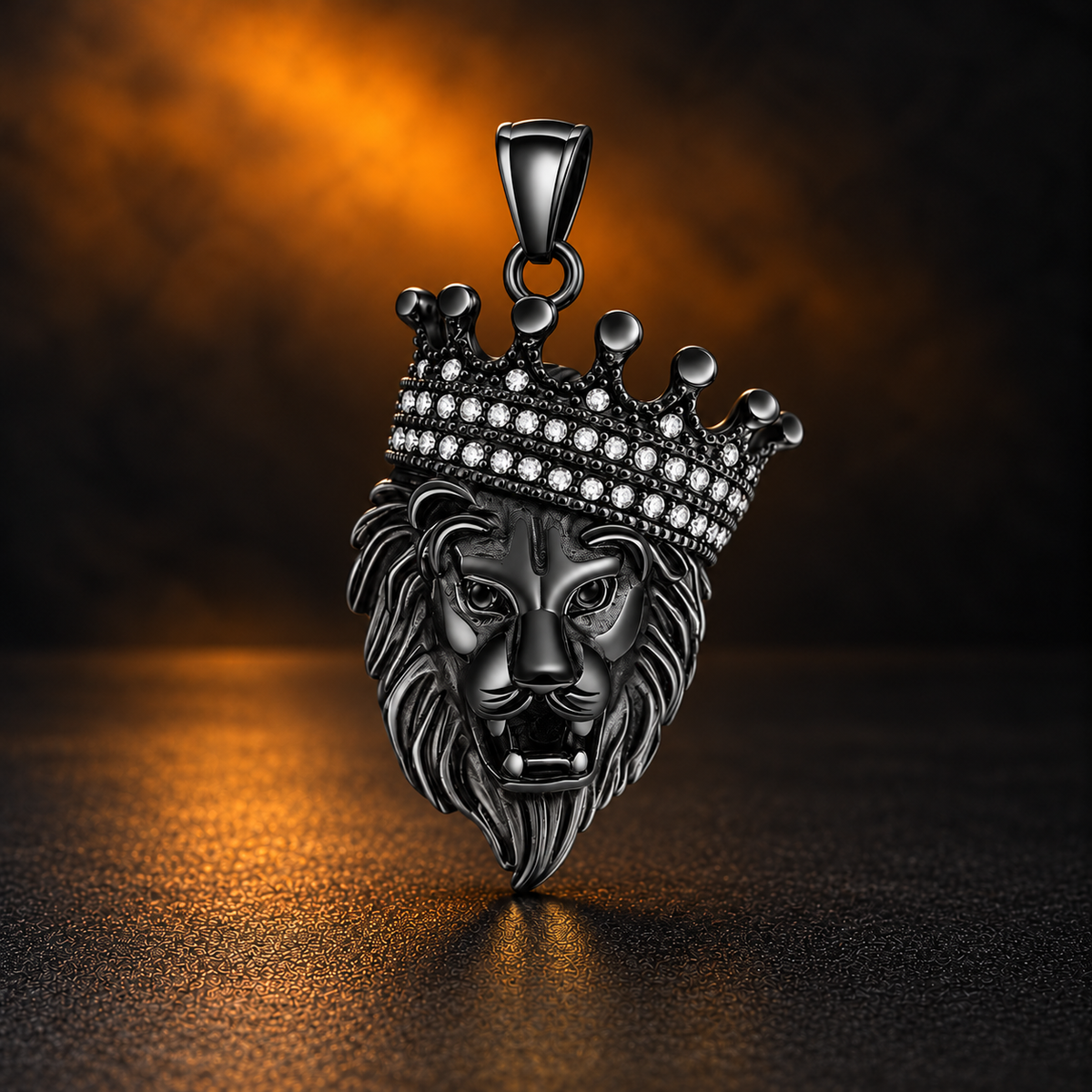 1158 |O| Black Plated Stainless Steel Rhinestone Crown Lion Head Pendant