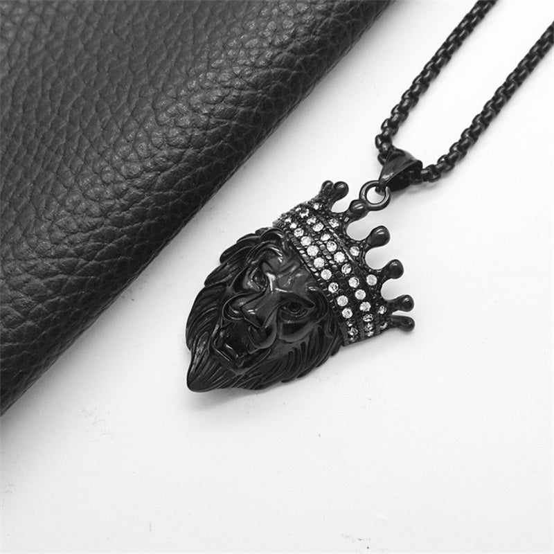 1158 |O| Black Plated Stainless Steel Rhinestone Crown Lion Head Pendant