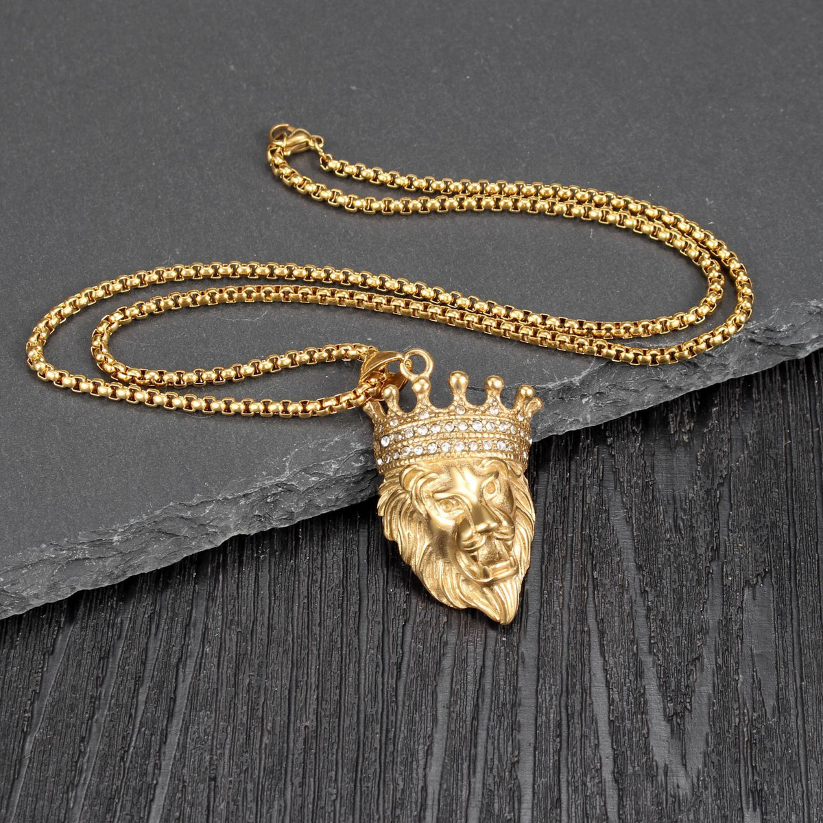 1159 |O| Gold-Plated Stainless Steel Rhinestone Crown Lion Head Pendant