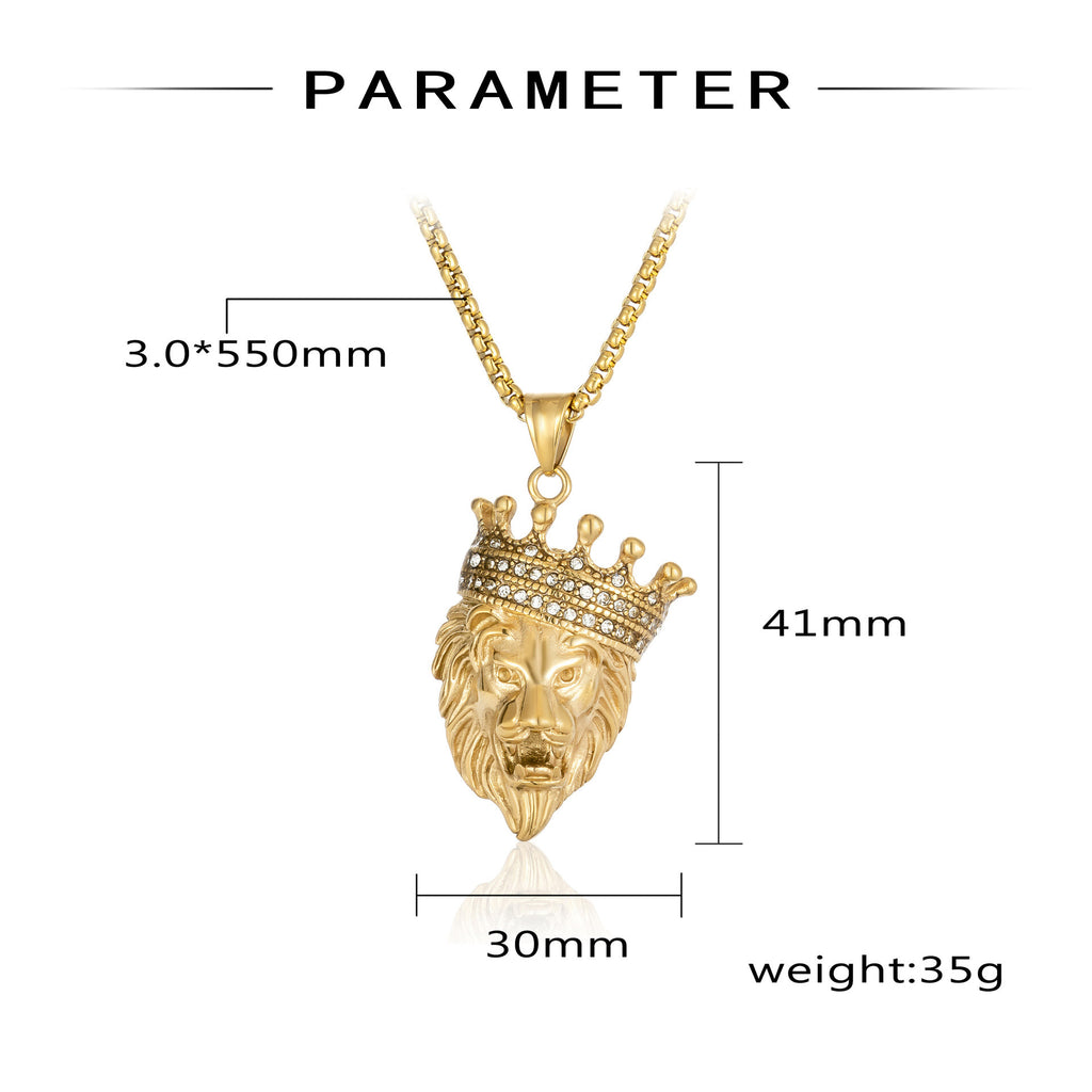 1159 |O| Gold-Plated Stainless Steel Rhinestone Crown Lion Head Pendant