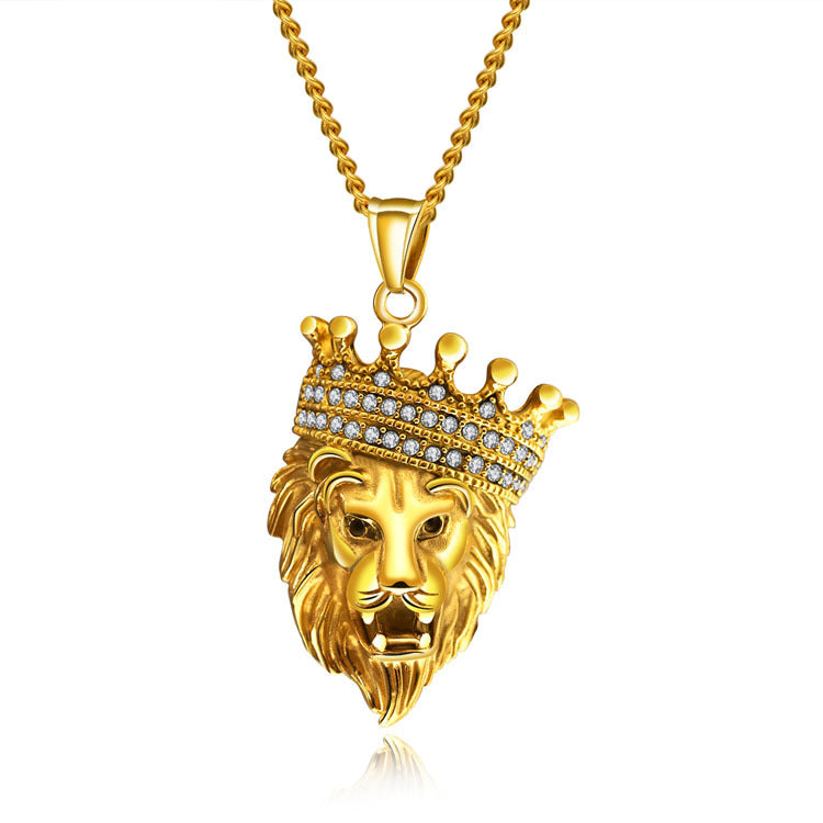 1159 |O| Gold-Plated Stainless Steel Rhinestone Crown Lion Head Pendant