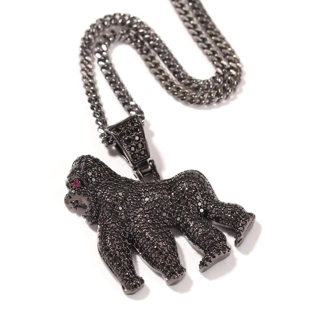 1161 |O| Black Plated Brass Iced Out CZ Gorilla Pendant