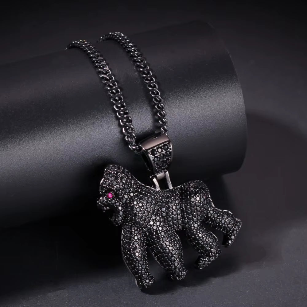 1161 |O| Black Plated Brass Iced Out CZ Gorilla Pendant