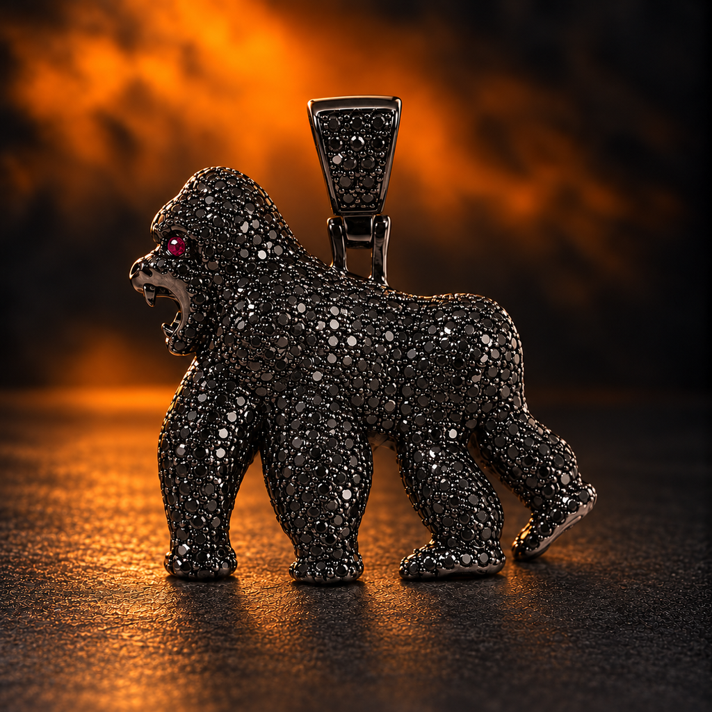 1161 |O| Black Plated Brass Iced Out CZ Gorilla Pendant