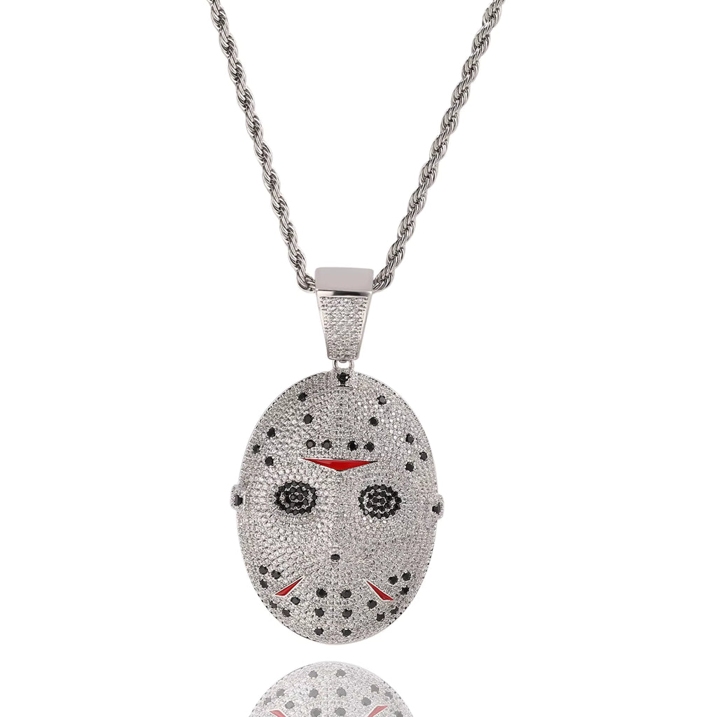 1163 |O| Brass Iced Out 5A CZ Jason-V Mask Pendant | Silver-Tone