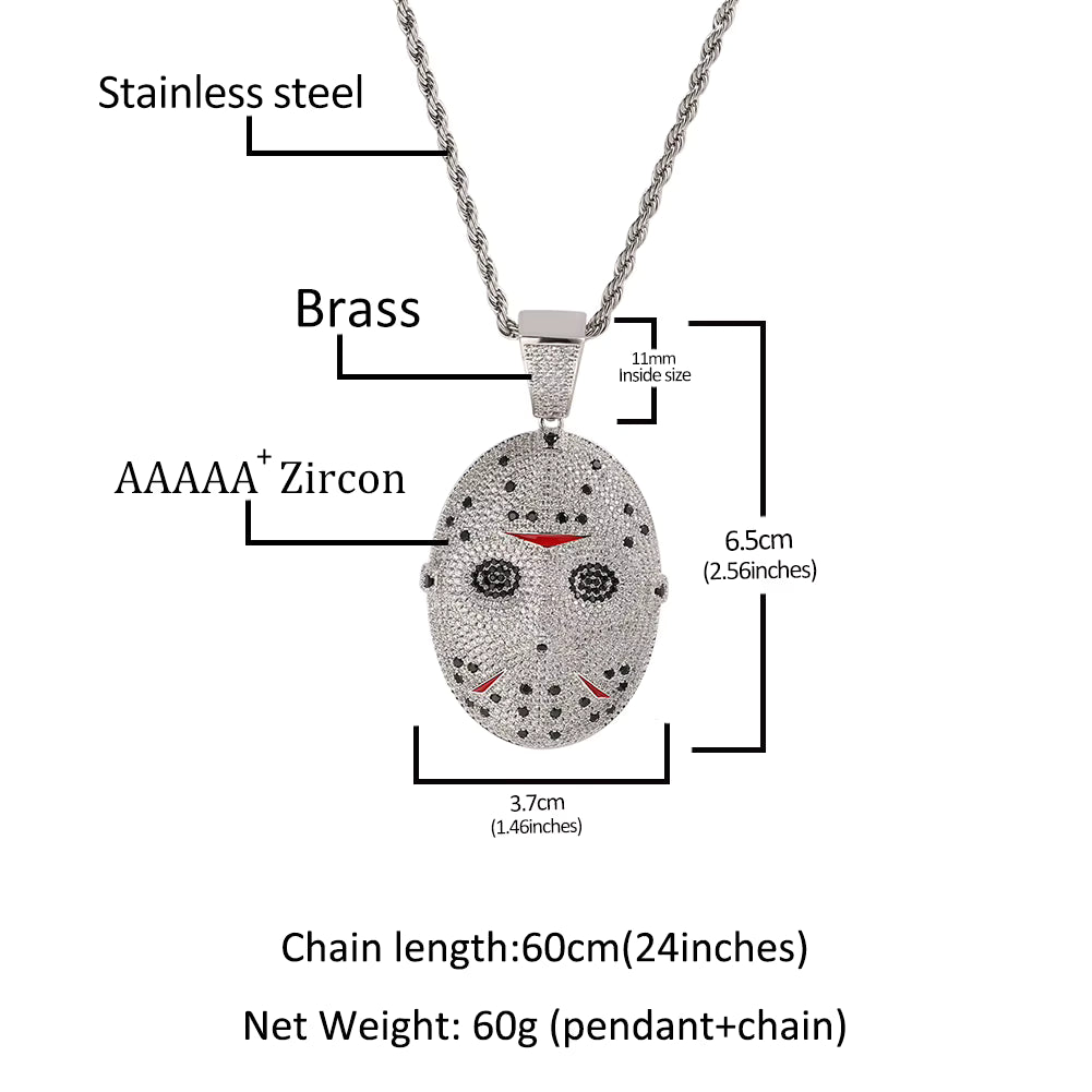 1163 |O| Brass Iced Out 5A CZ Jason-V Mask Pendant | Silver-Tone