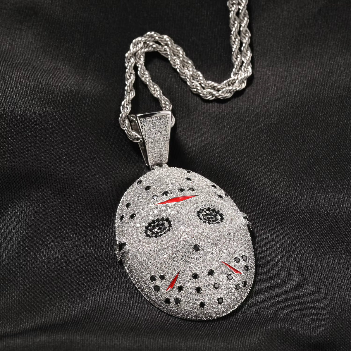 1163 |O| Brass Iced Out 5A CZ Jason-V Mask Pendant | Silver-Tone