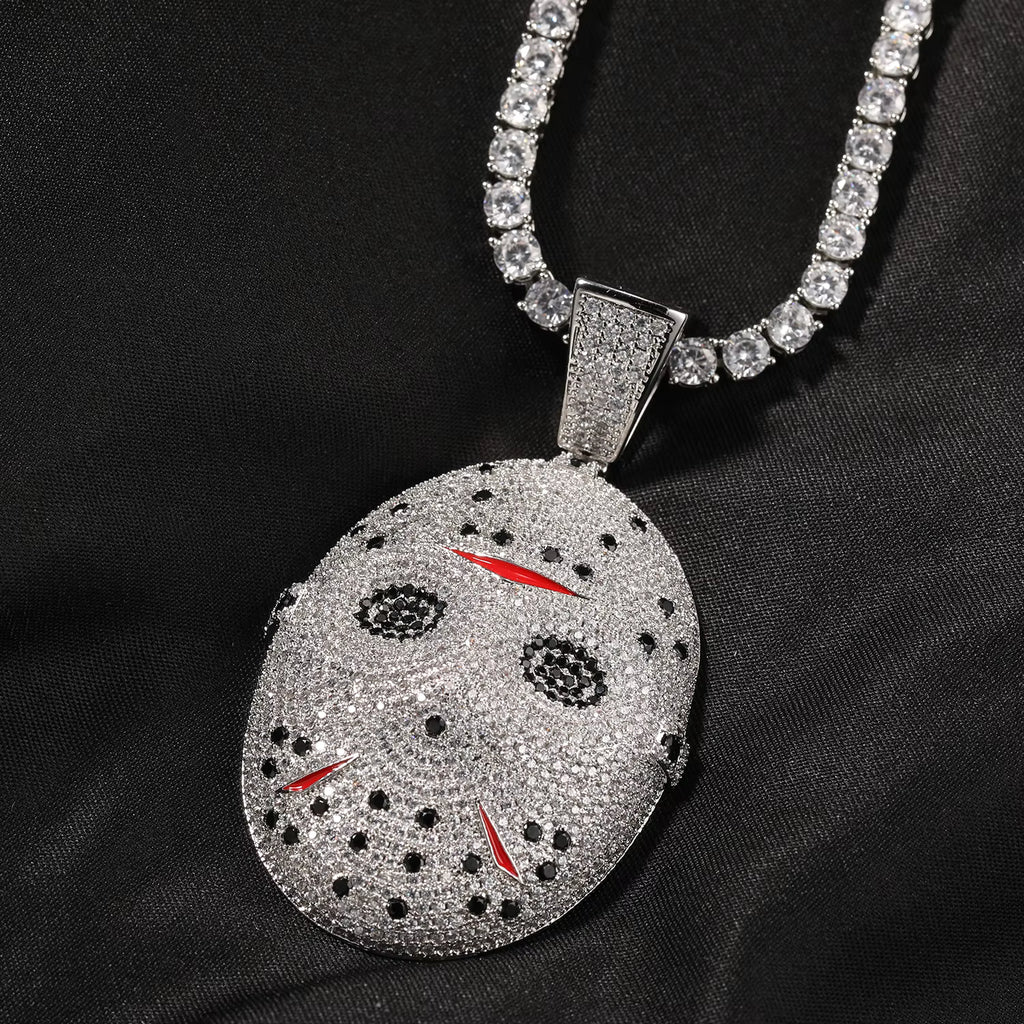 1163 |O| Brass Iced Out 5A CZ Jason-V Mask Pendant | Silver-Tone
